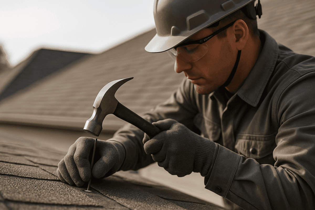 Gloved hands fastening a shingle on a clean residential roof with safety gear worn